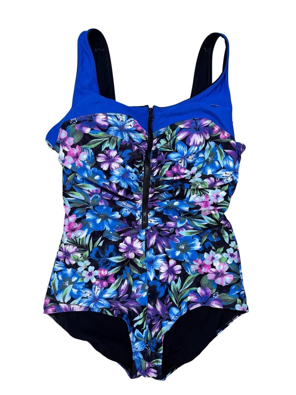 AQUAMORE Zipper One Piece Swimsuit Blue Tropical Floral Size 16 Color Block